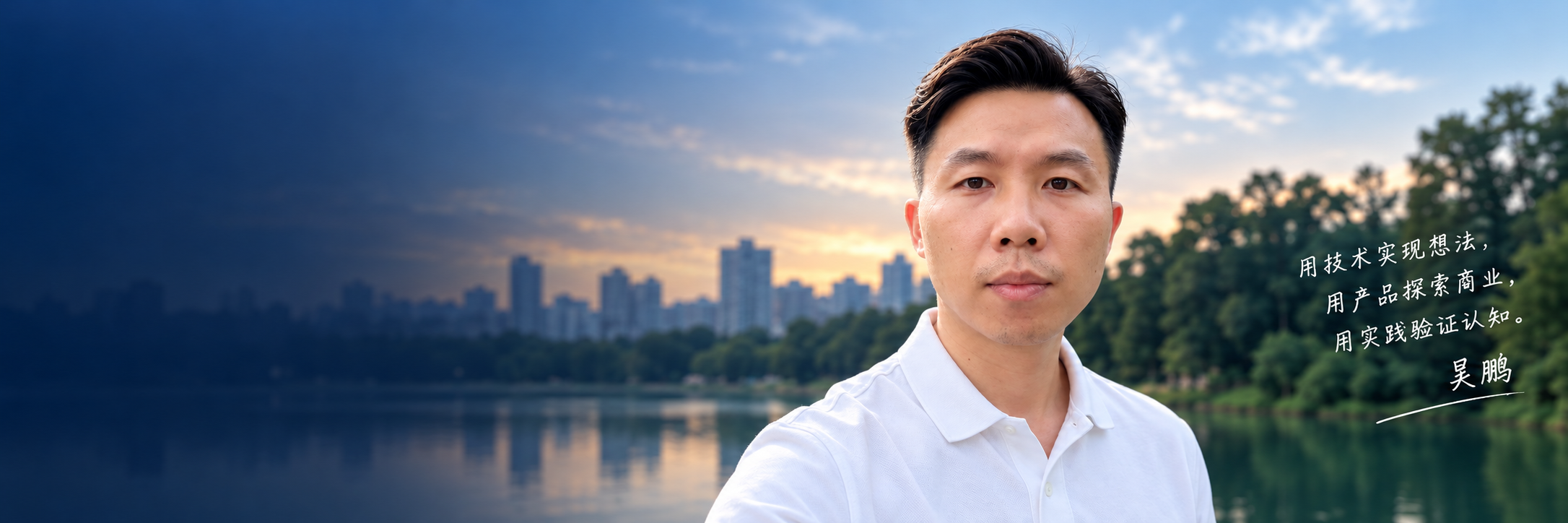 吴鹏的户外肖像，背景为湖畔与城市远景；寄语：用技术实现想法，用产品探索商业，用实践验证认知。